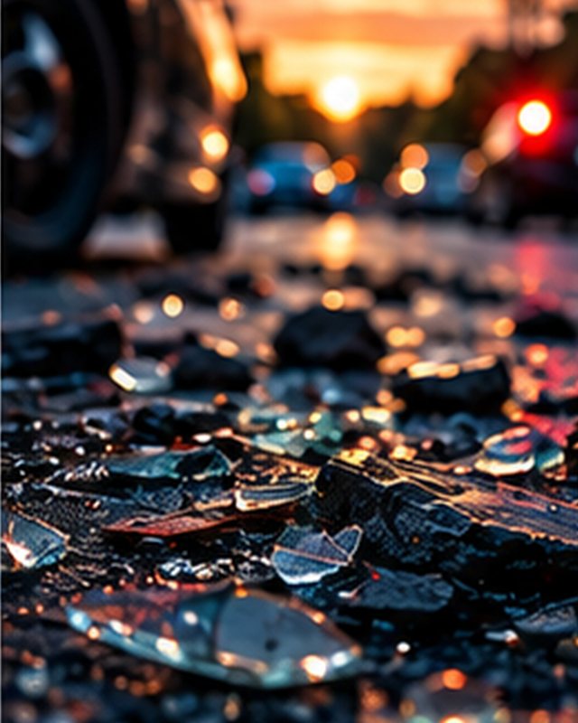 Shattered glass on a road at sunset after a collision