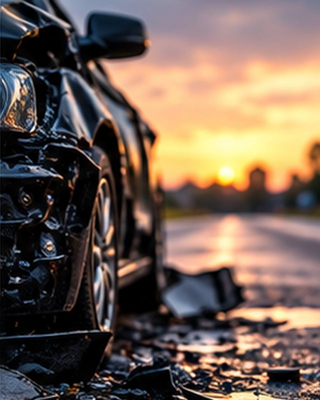 Damaged black car and debris on a road at sunset