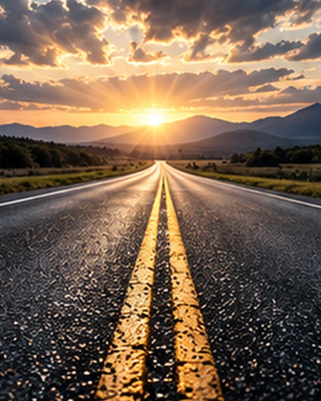 Two yellow center lines on an empty road running toward the sun
