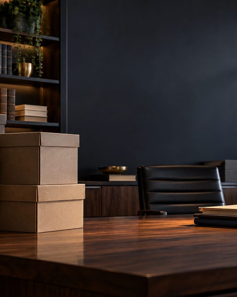 Banker boxes of case files on a litigation desk