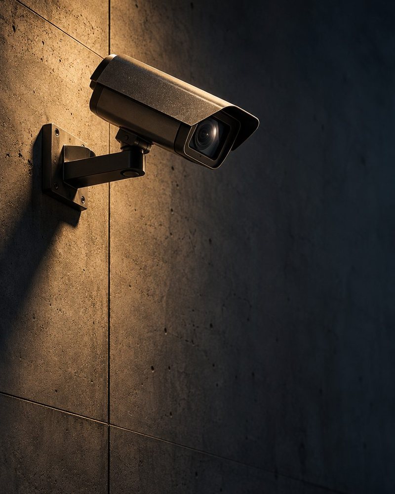 Security camera mounted on a dark concrete wall