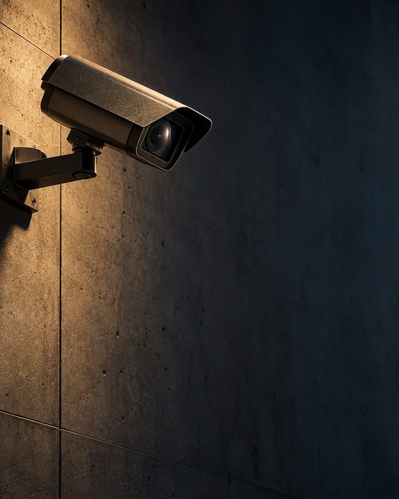 Security camera mounted on a concrete wall