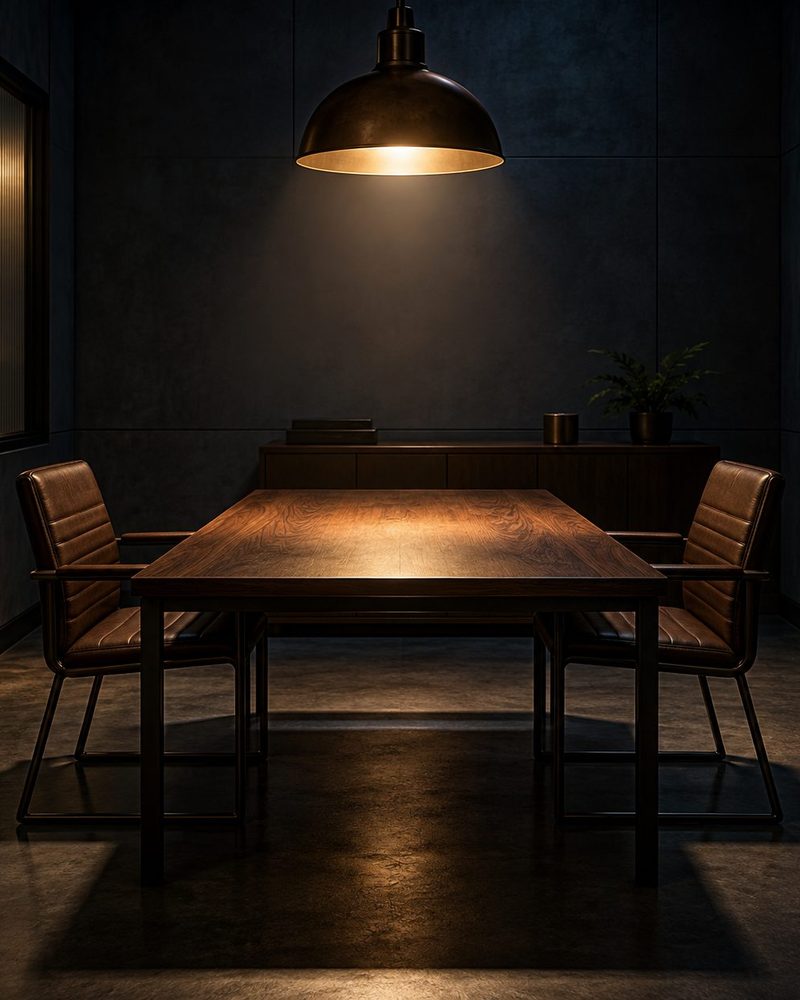 Bare interview room table under a single lamp