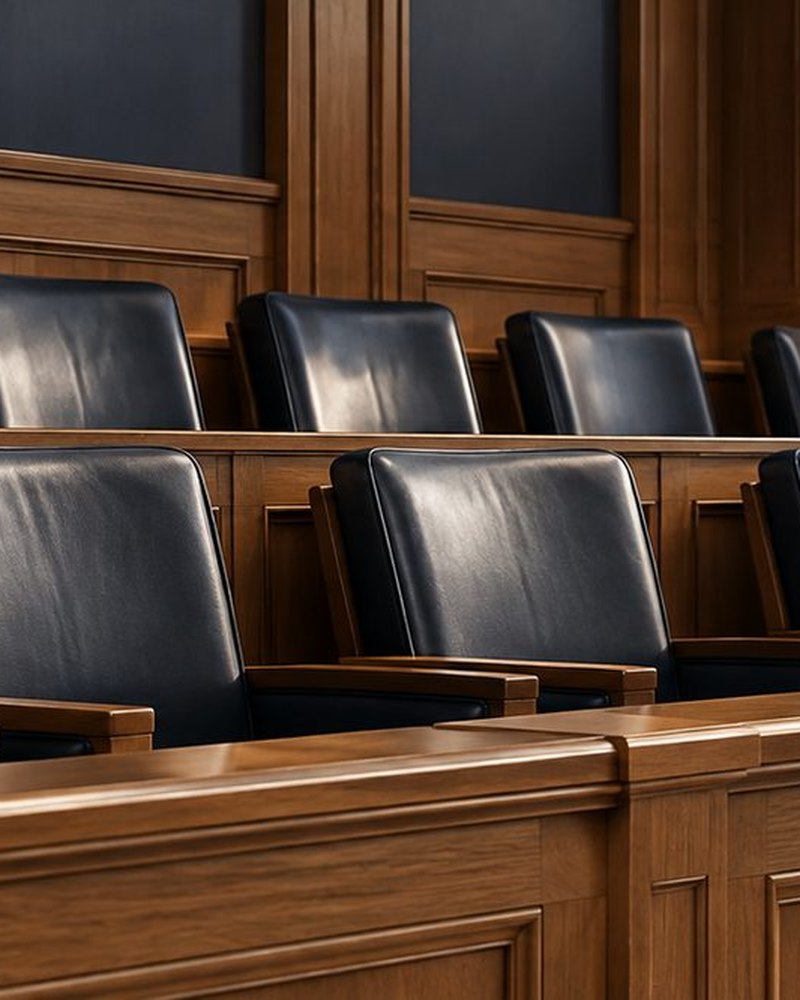 Rows of empty leather jury box seats in a courtroom