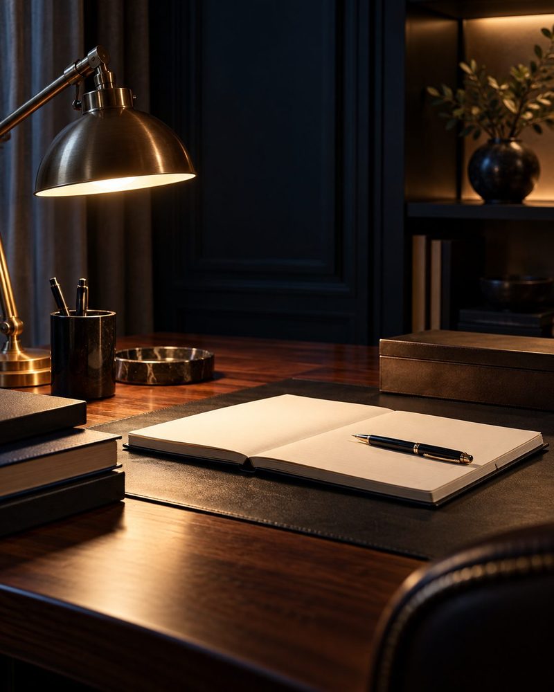 Open blank notebook and pen under a brass desk lamp