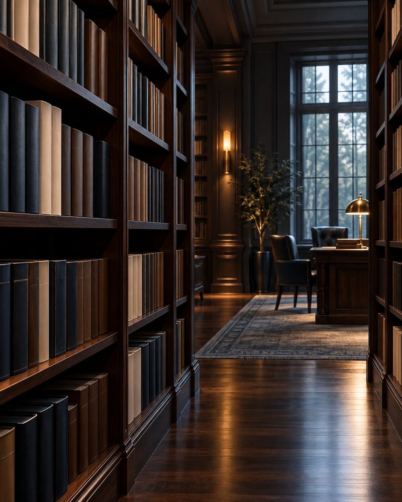 Library corridor lined with bookshelves under warm light
