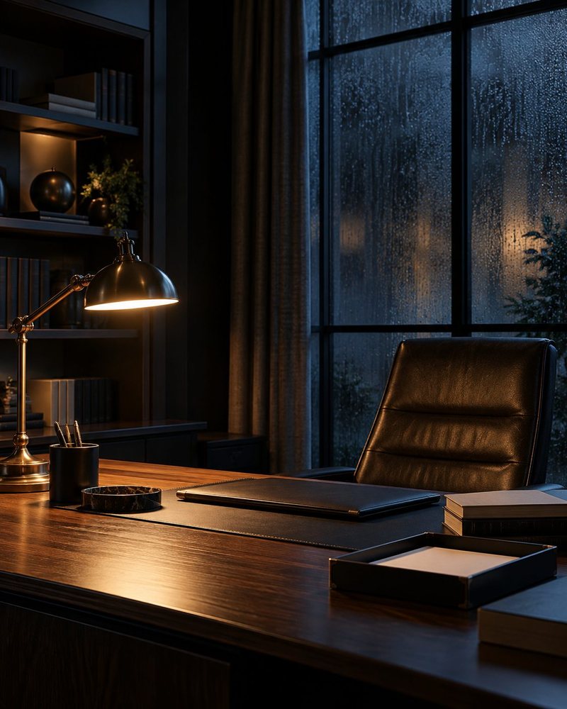 Attorney office after hours with a desk lamp and rain on the window