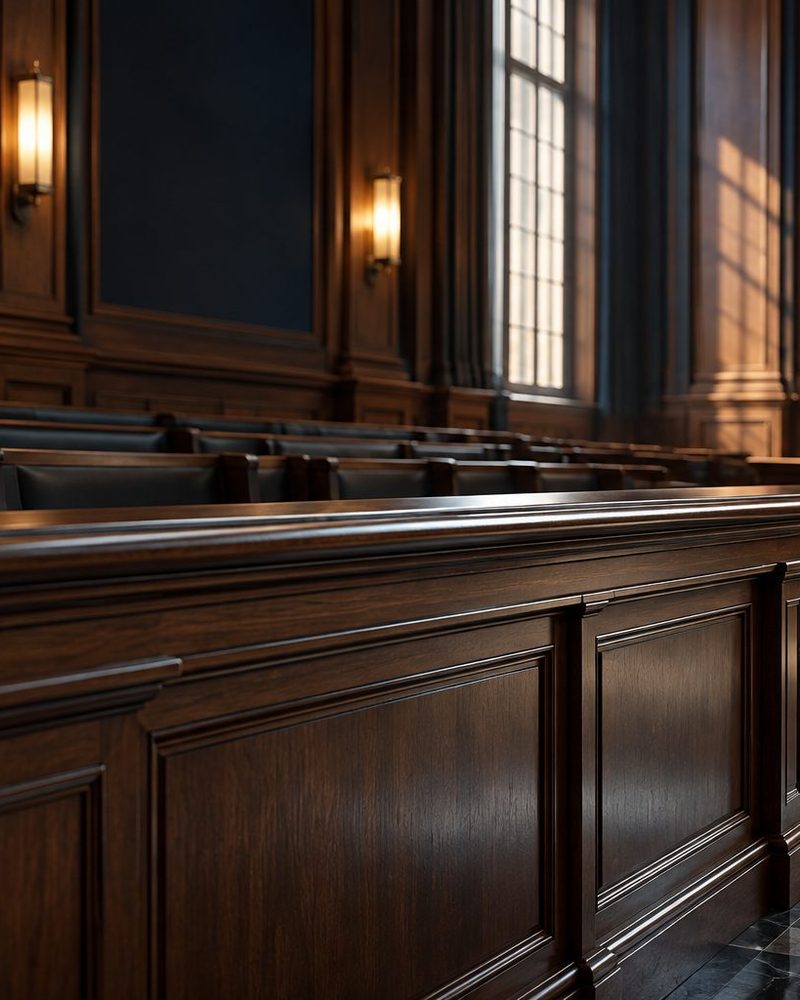 Dark wood courtroom rail and gallery seating in warm light