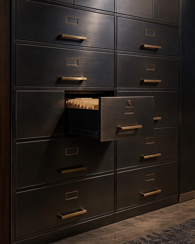 Dark steel file cabinet with one drawer open beside a walnut desk