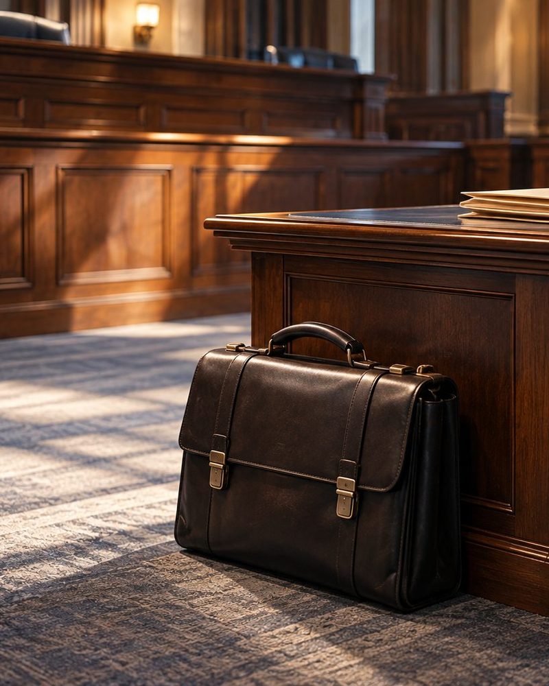 Leather trial bag beside a counsel table in a dark wood courtroom