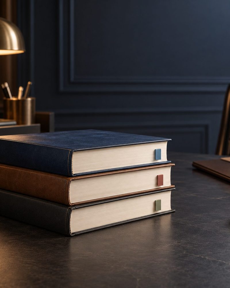 Stack of bound volumes on a charcoal desk