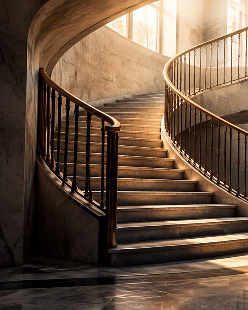 Curved stone staircase with a wooden handrail rising toward warm window light